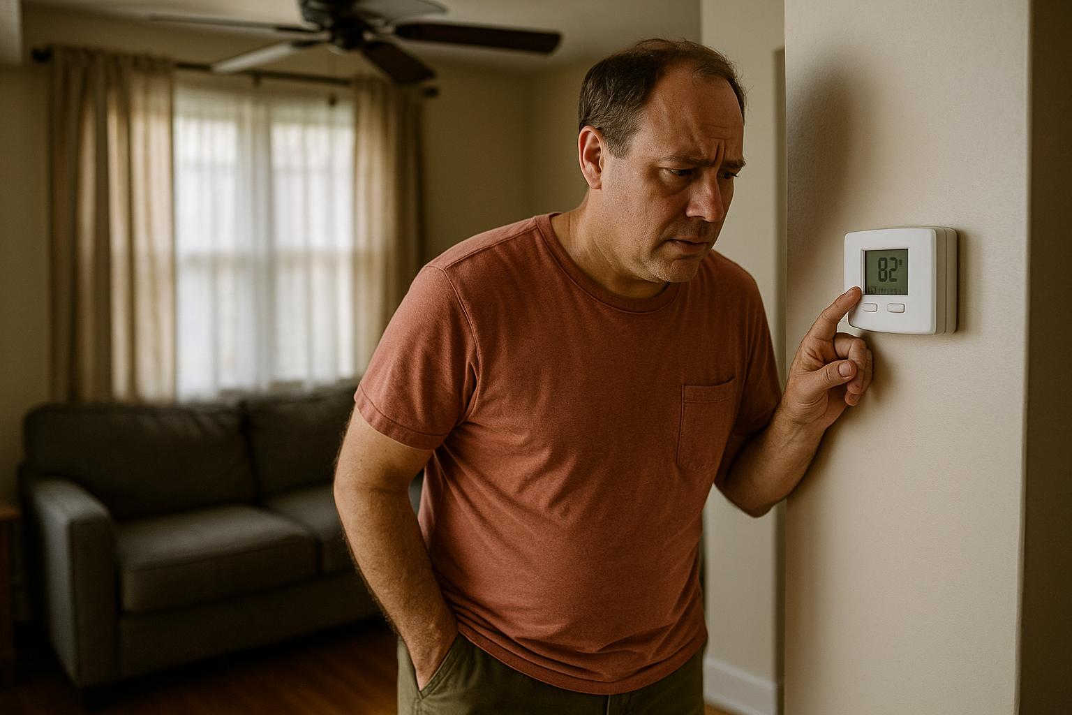 Connecticut homeowner checking thermostat in warm stuffy living room with HVAC trouble