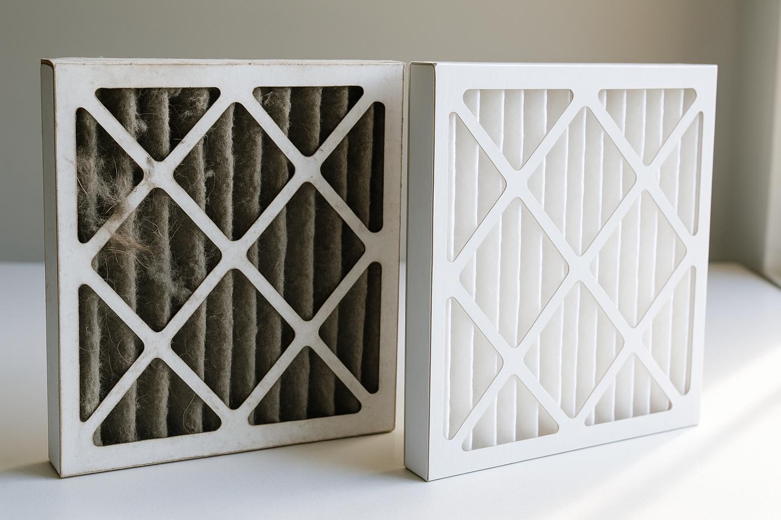Side-by-side comparison of a clogged dirty HVAC air filter next to a brand new clean air filter