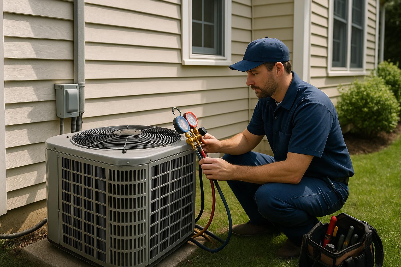 AC tuneup technician working at a Farmington CT home