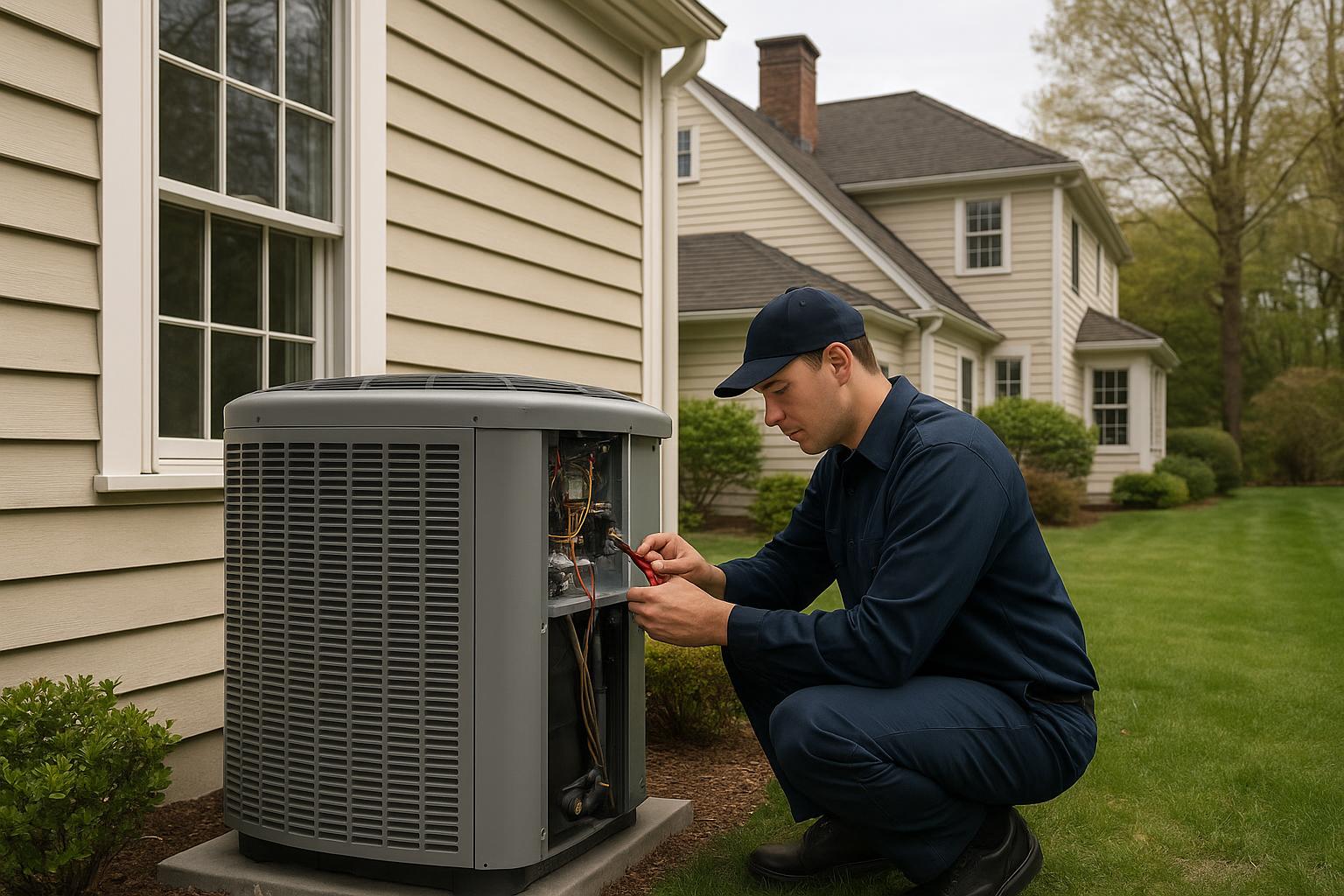 Technician servicing a heat pump at a Farmington CT home