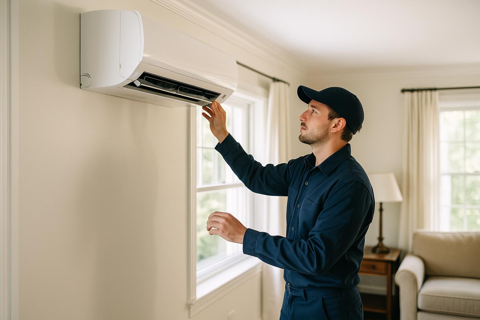 Technician checking a mini split in a Farmington CT finished room