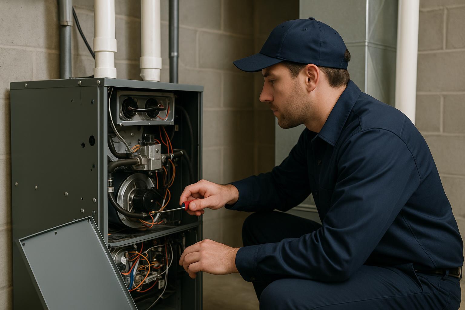 HVAC technician in navy uniform servicing a gas furnace in a Connecticut home basement utility room