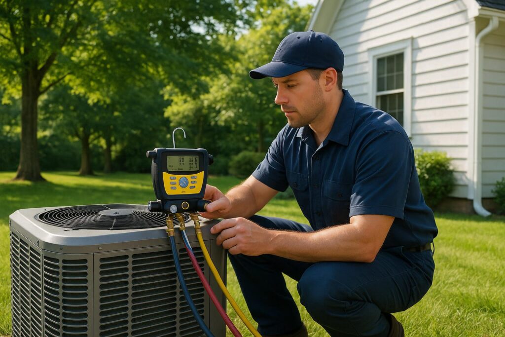 HVAC technician in navy uniform inspecting outdoor central air conditioning condenser unit in Connecticut suburban backyard