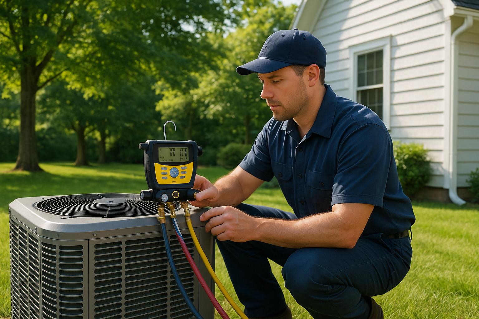 HVAC technician in navy uniform inspecting outdoor central air conditioning condenser unit in Connecticut suburban backyard
