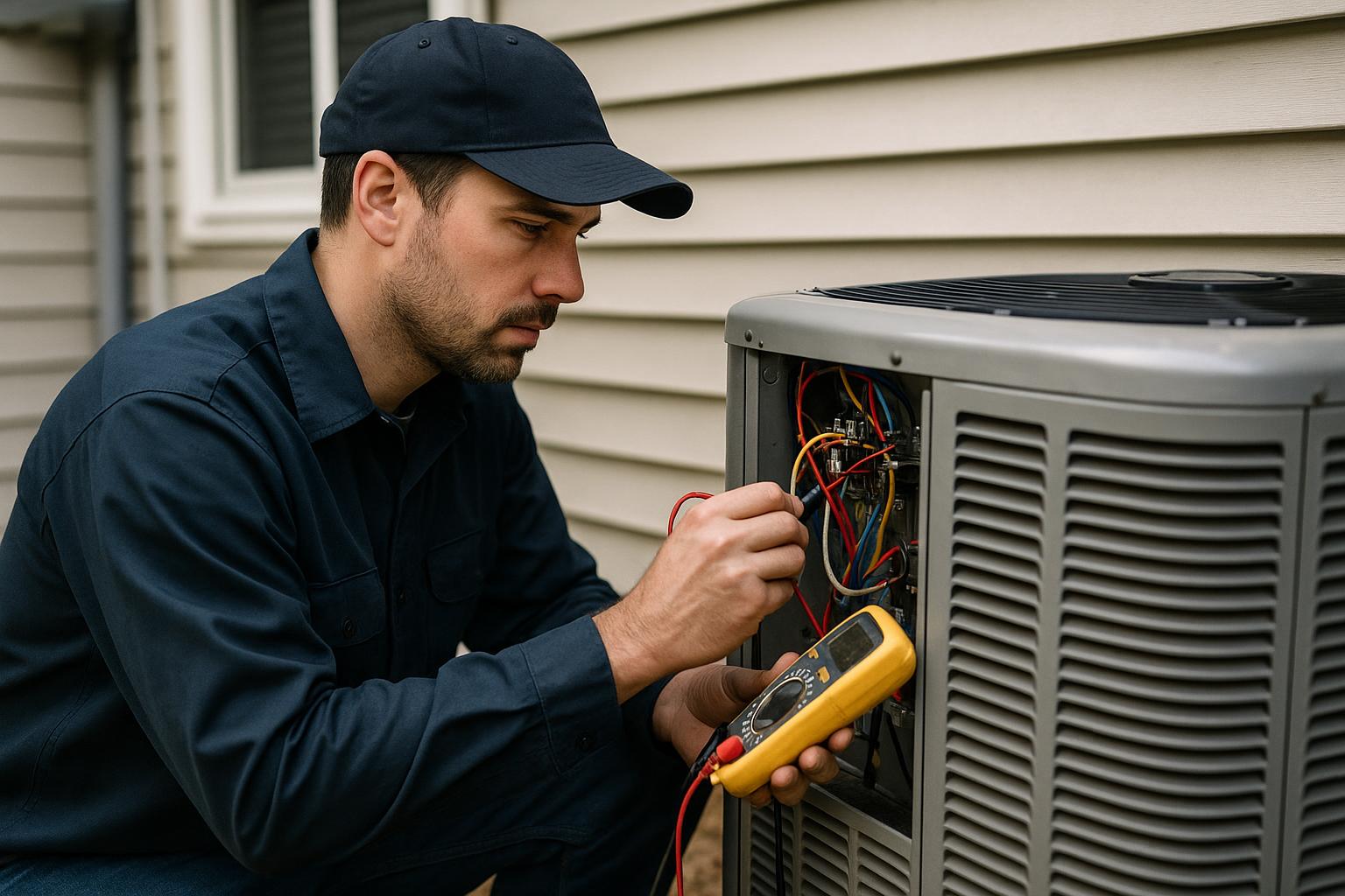 Technician checking an AC electrical panel in Manchester CT