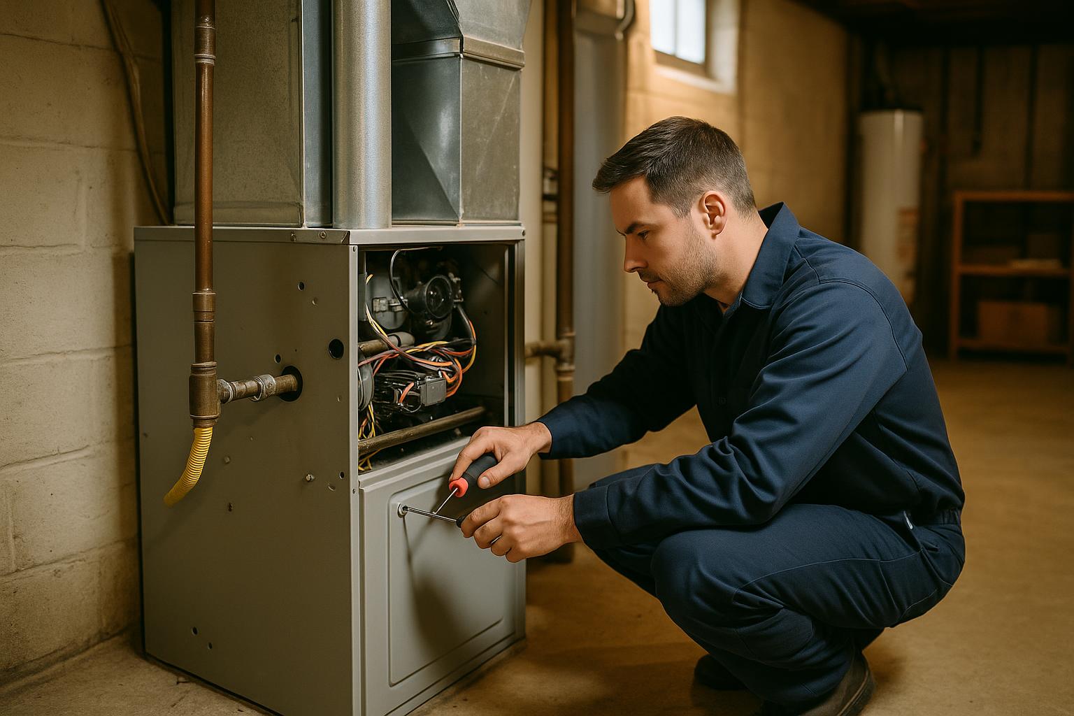 Furnace maintenance technician in a Manchester CT basement