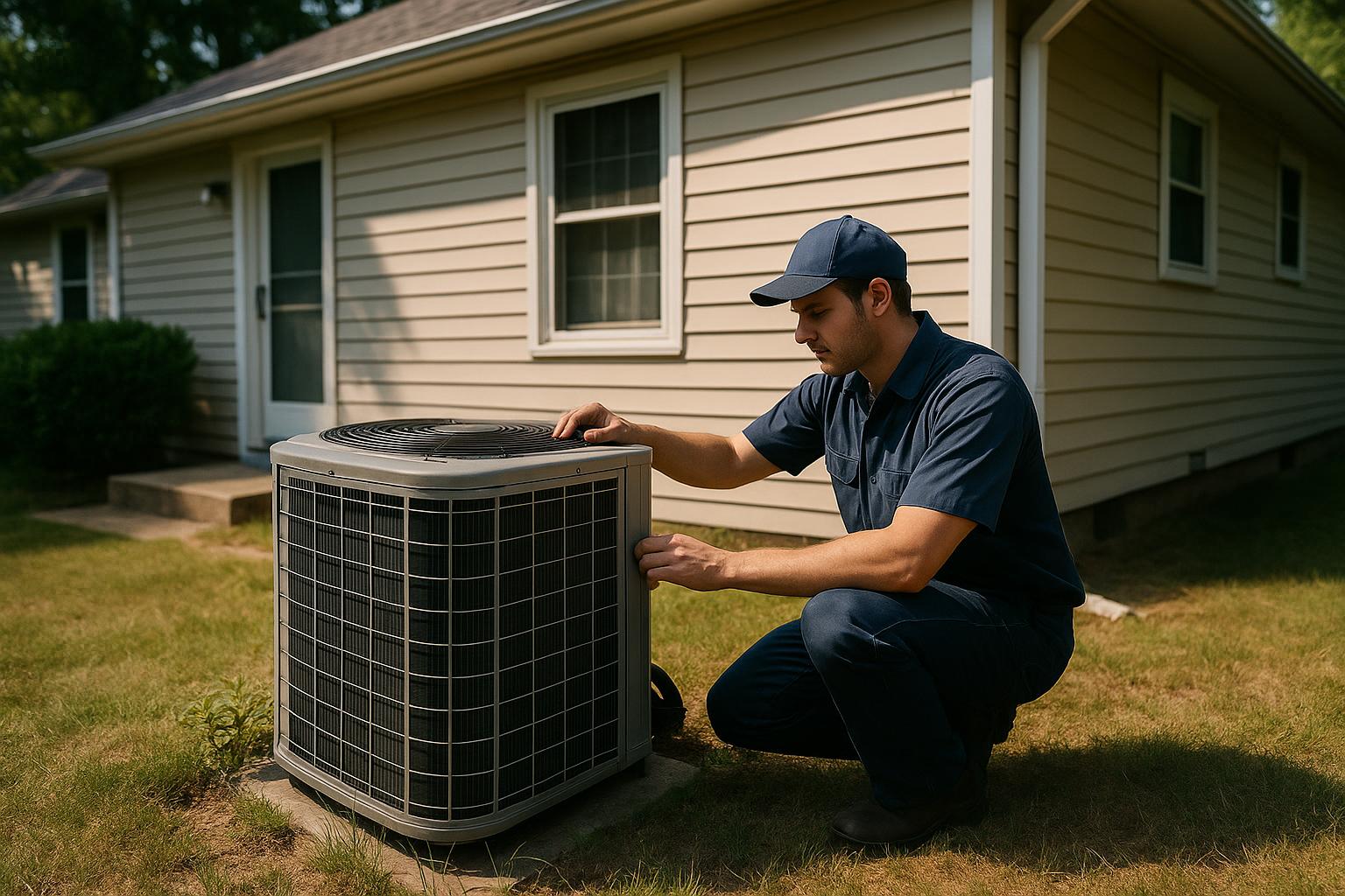 HVAC technician repairing an outdoor condenser at a Manchester CT home