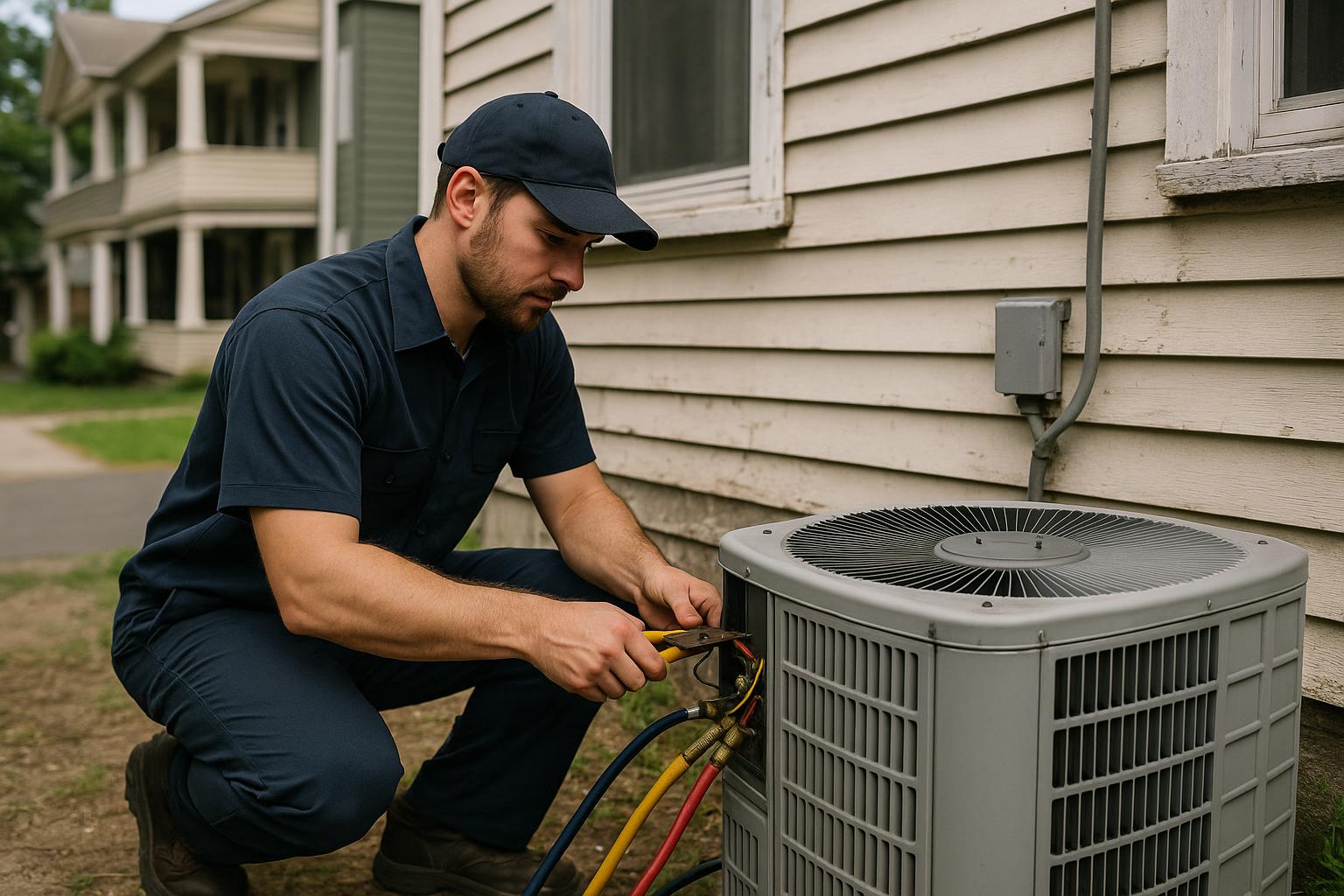 AC repair technician servicing an older New Britain CT home