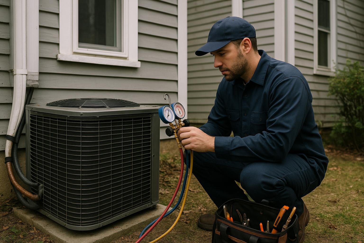AC repair technician diagnosing an outdoor unit in New Haven CT