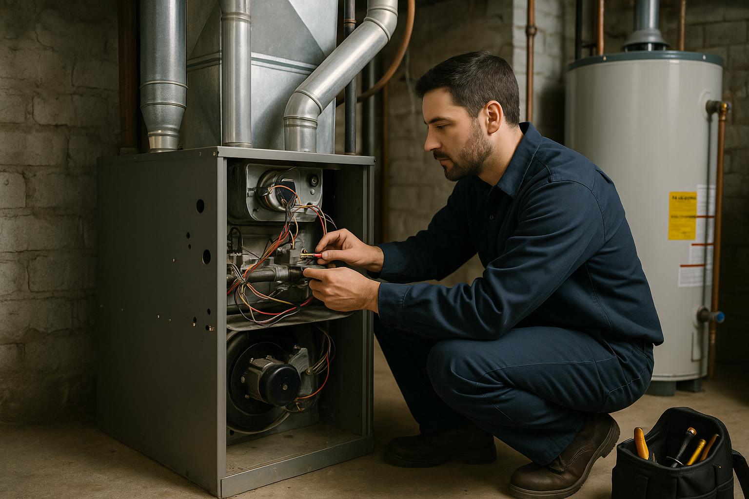 Heating technician servicing a furnace in a New Haven CT home