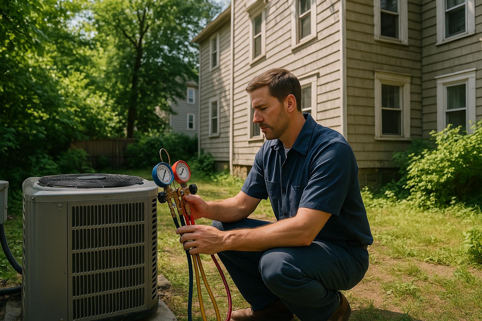 HVAC technician servicing an outdoor condenser in New Haven CT