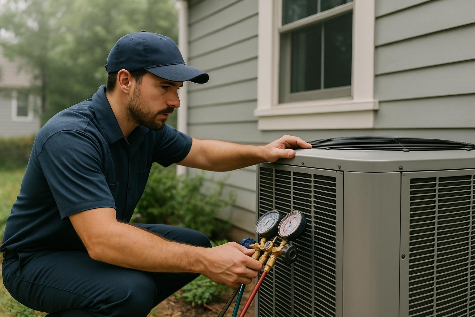 AC technician inspecting condenser coils in Stamford CT