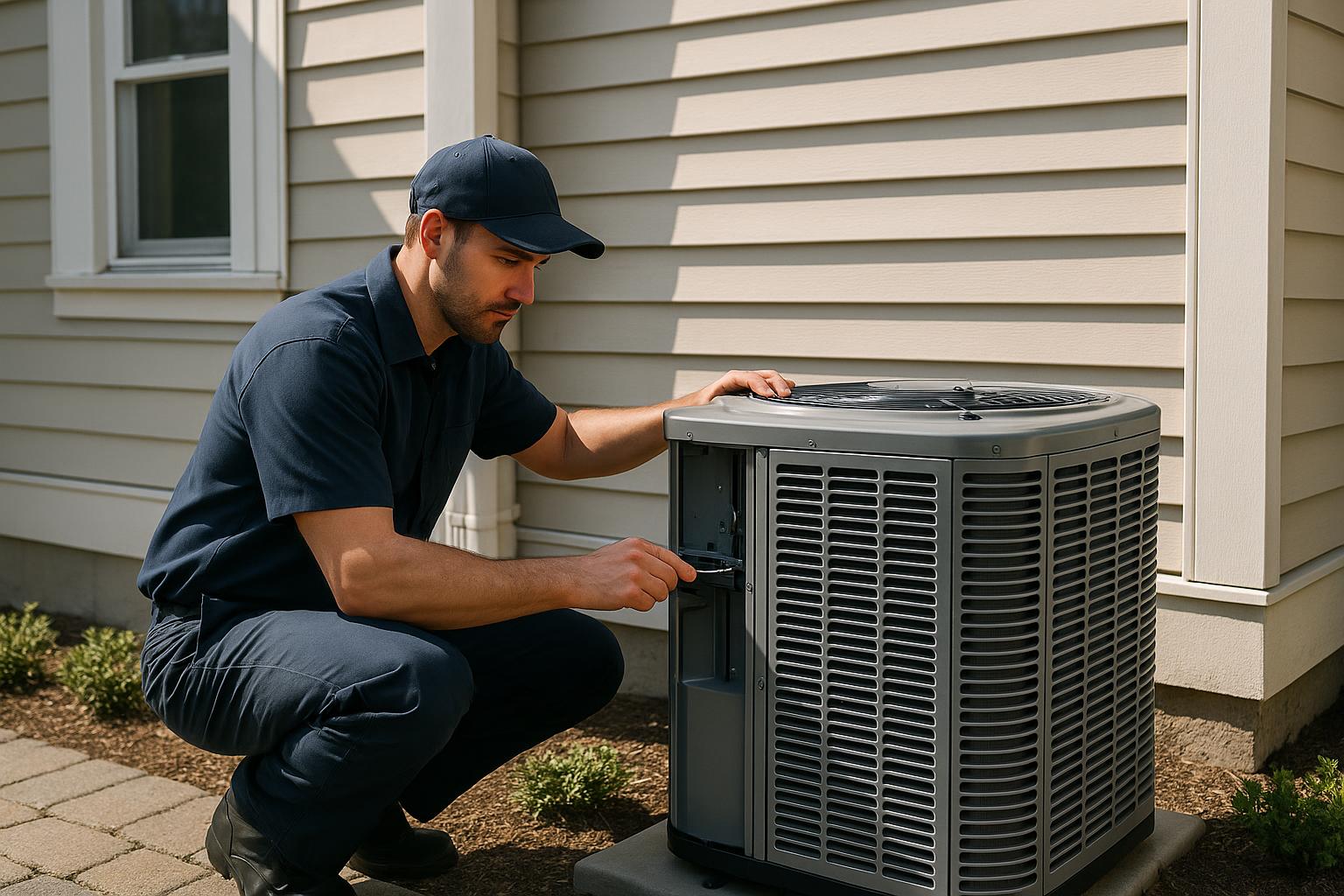 HVAC technician servicing a heat pump near a Stamford CT residence