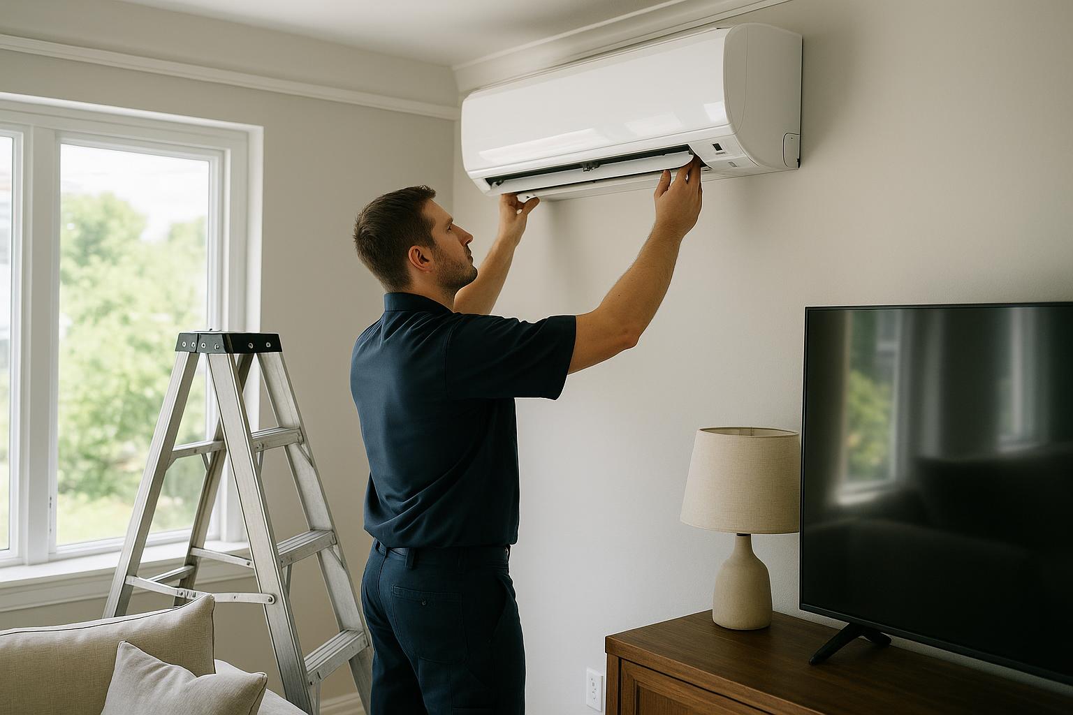 Technician checking a ductless mini split in a Stamford CT condo