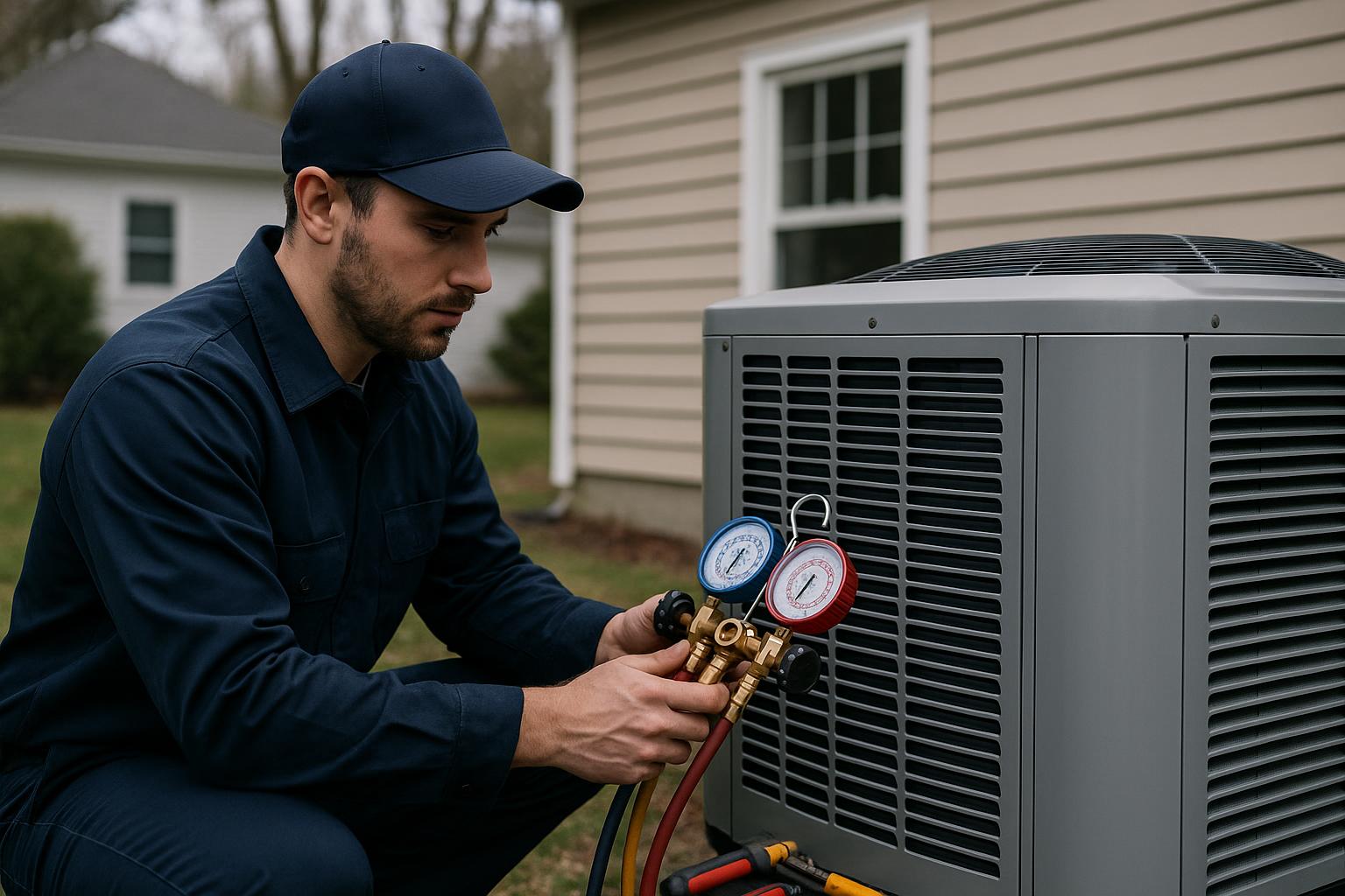 HVAC technician working on heat pump outdoor unit in West Hartford CT -- Express Home Services