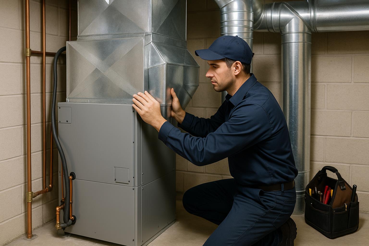 Indoor Air Handler Installation in a Connecticut Home HVAC technician installing an indoor air handler and ductwork connections in a Connecticut home mechanical room
