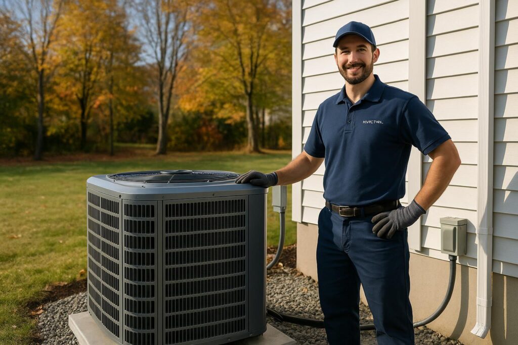 HVAC technician standing beside a newly installed outdoor central air conditioning condenser unit at a Connecticut home with fall foliage in the background