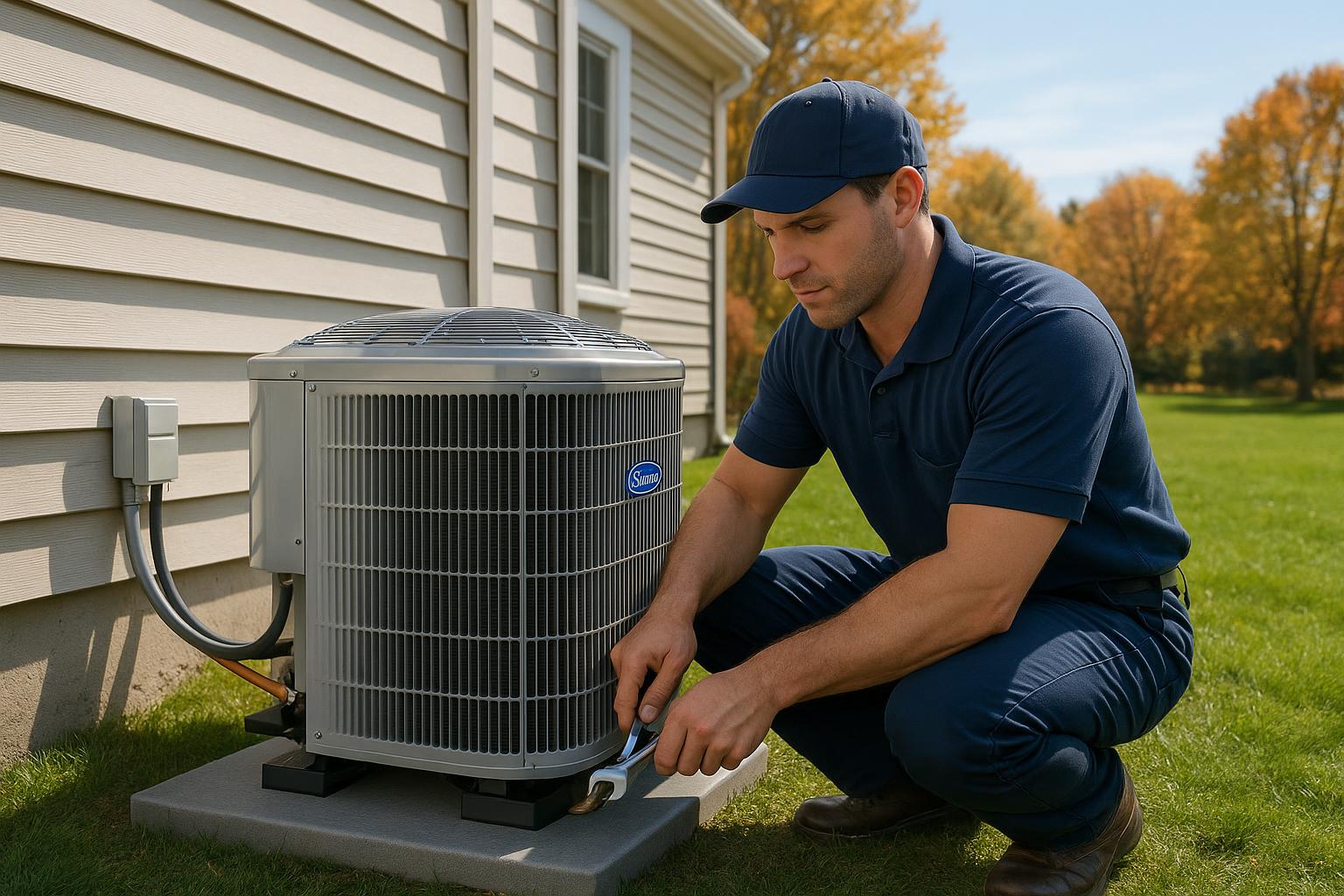New AC Condenser Installation at a Connecticut Home HVAC technician installing a new outdoor central air conditioning condenser unit at a Connecticut home