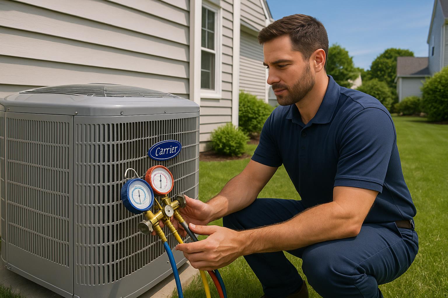 HVAC technician using refrigerant manifold gauges on an outdoor Carrier AC condenser unit in Berlin CT -- Express Home Services
