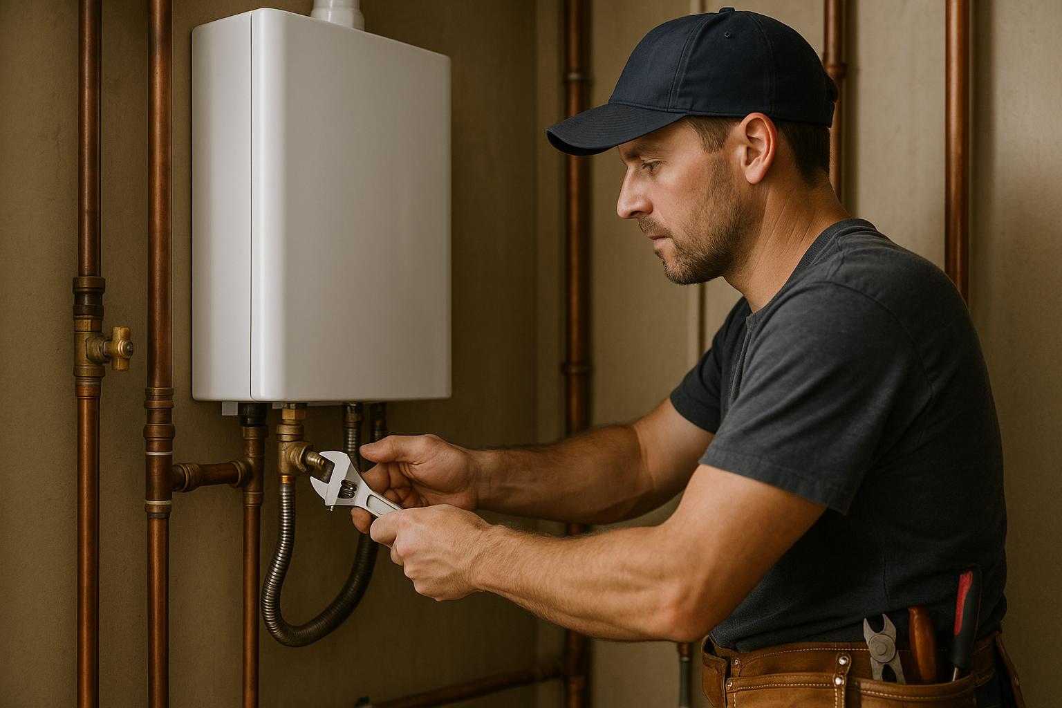 Technician installing a tankless water heater unit with a wrench in a Berlin CT home utility room -- Express Home Services