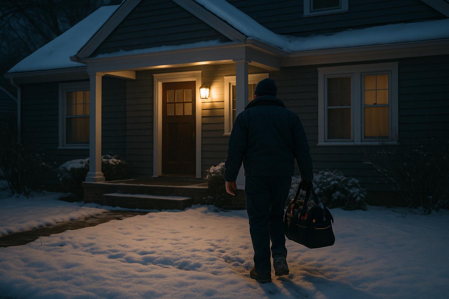 HVAC technician arriving for an emergency heating repair call at a Connecticut home on a snowy winter evening -- Express Home Services