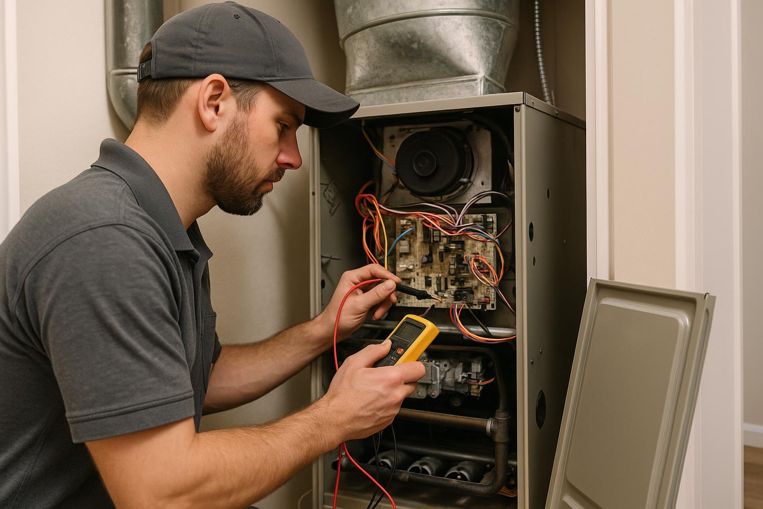 HVAC technician testing a residential furnace control board with a multimeter in a Fairfield CT home -- Express Home Services
