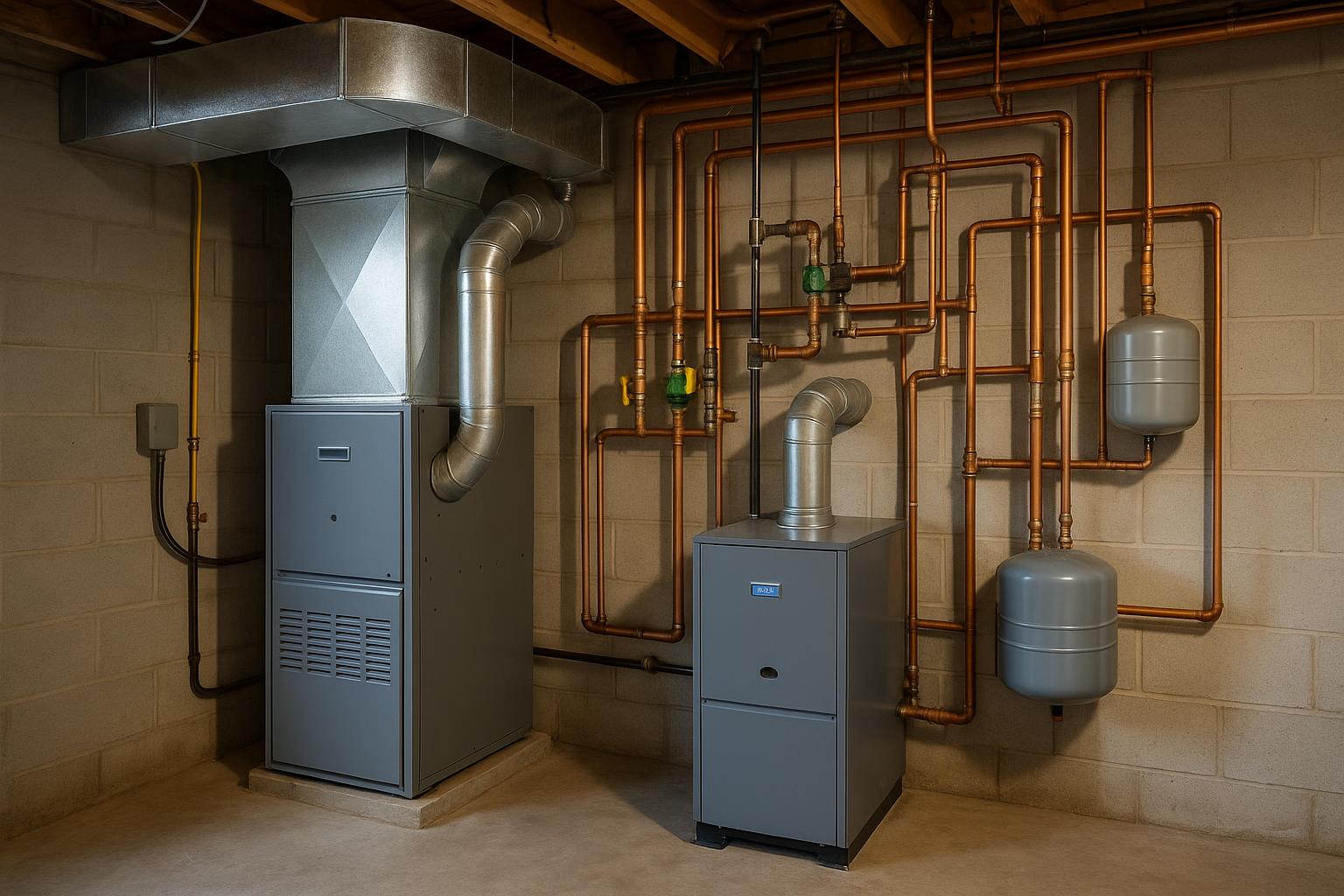 Gas furnace and boiler equipment in a residential mechanical room basement in a Connecticut home