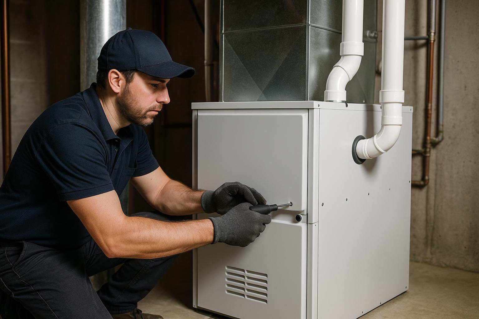 HVAC technician installing a new furnace unit with fresh ductwork and venting in a Connecticut home mechanical room -- Express Home Services