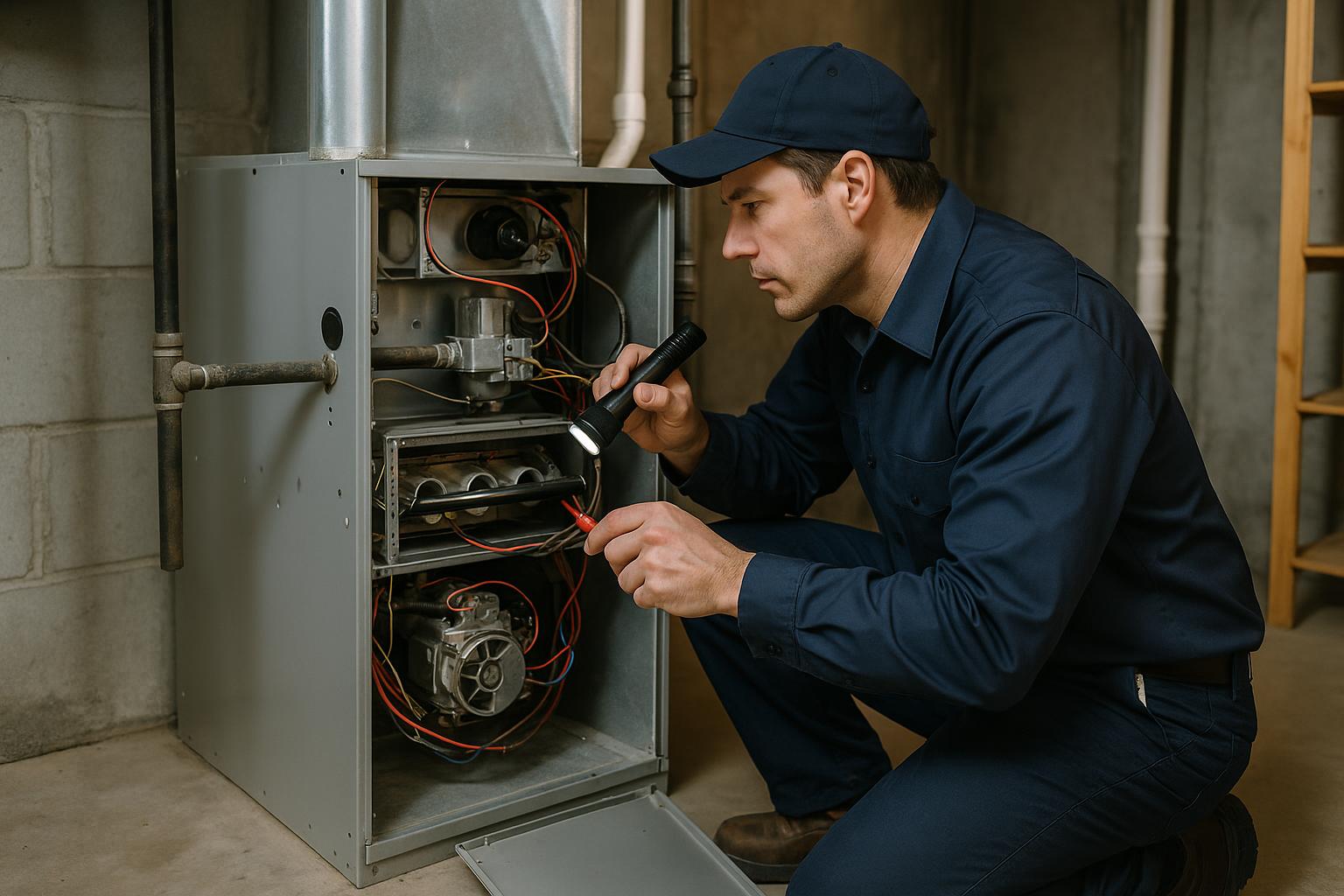 HVAC technician using a flashlight and multimeter to repair a residential gas furnace with the access panel open in a Connecticut home basement -- Express Home Services