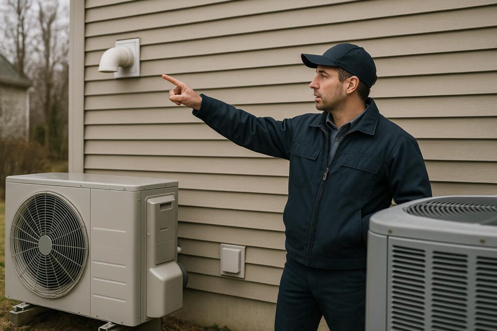 HVAC technician pointing toward a home vent while standing beside an outdoor heat pump unit, comparing heating system options at a Connecticut home