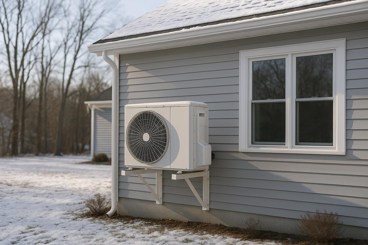 Outdoor heat pump condenser unit mounted on a Connecticut home in winter with light snow on the ground