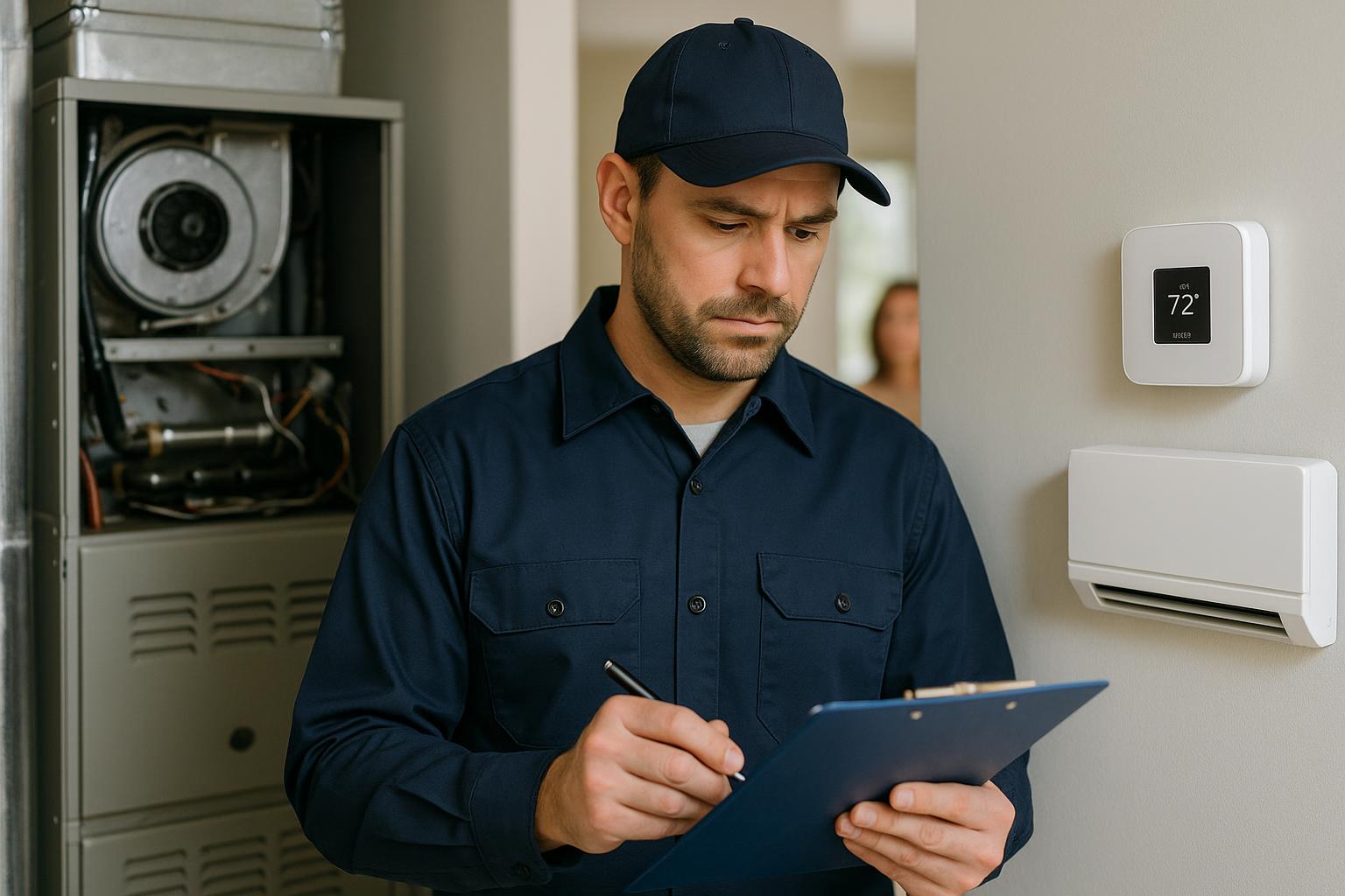 HVAC technician reviewing furnace and heat pump options with a Connecticut homeowner