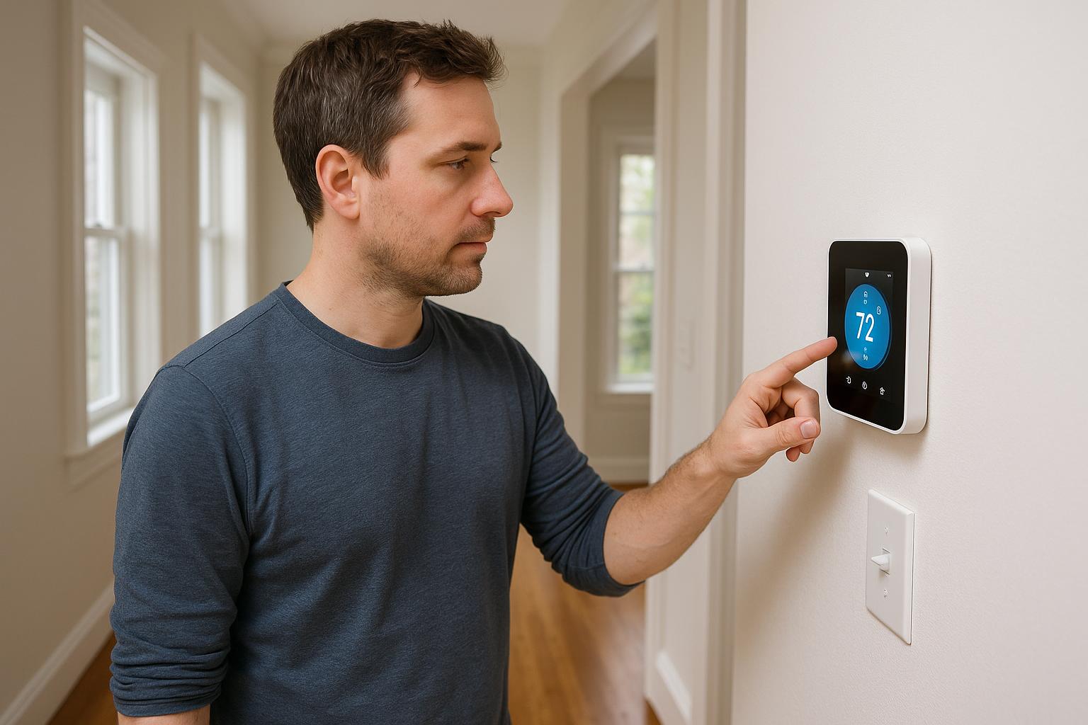 Connecticut homeowner adjusting a wall-mounted digital thermostat in a home hallway