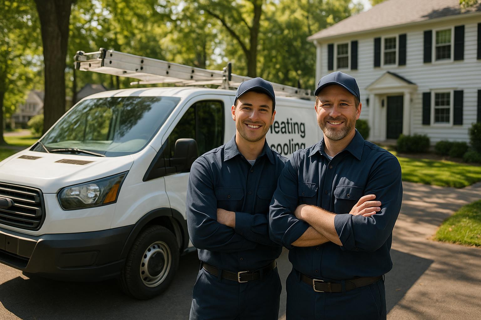 Express Home Services HVAC Technicians in Connecticut Two Express Home Services HVAC technicians standing beside a service van at a Connecticut home