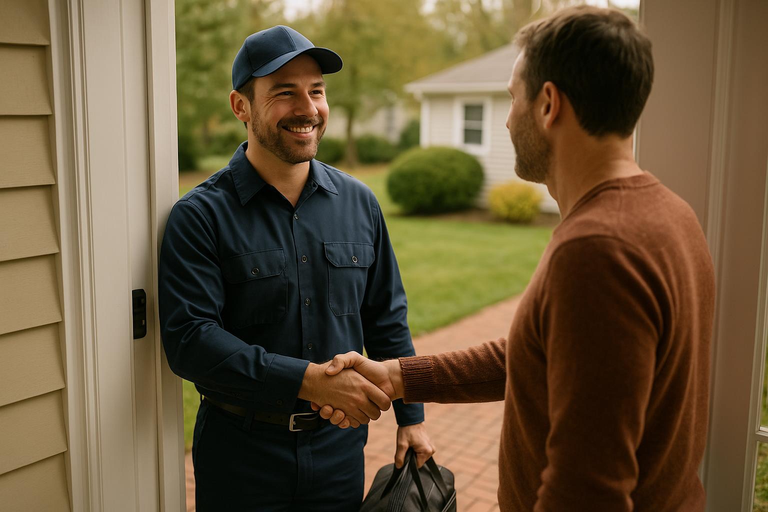 HVAC Technician Greeting Homeowner in Connecticut HVAC technician shaking hands with a homeowner at the front door of a Connecticut home