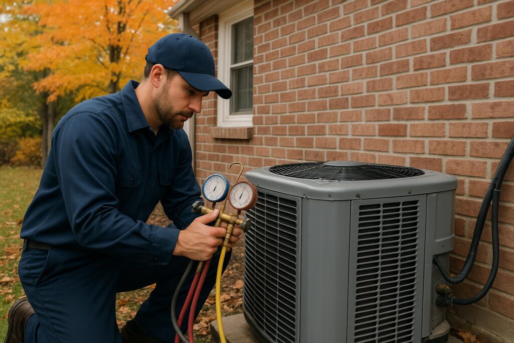 HVAC technician in navy uniform servicing an outdoor central air conditioner condenser unit at a Connecticut home
