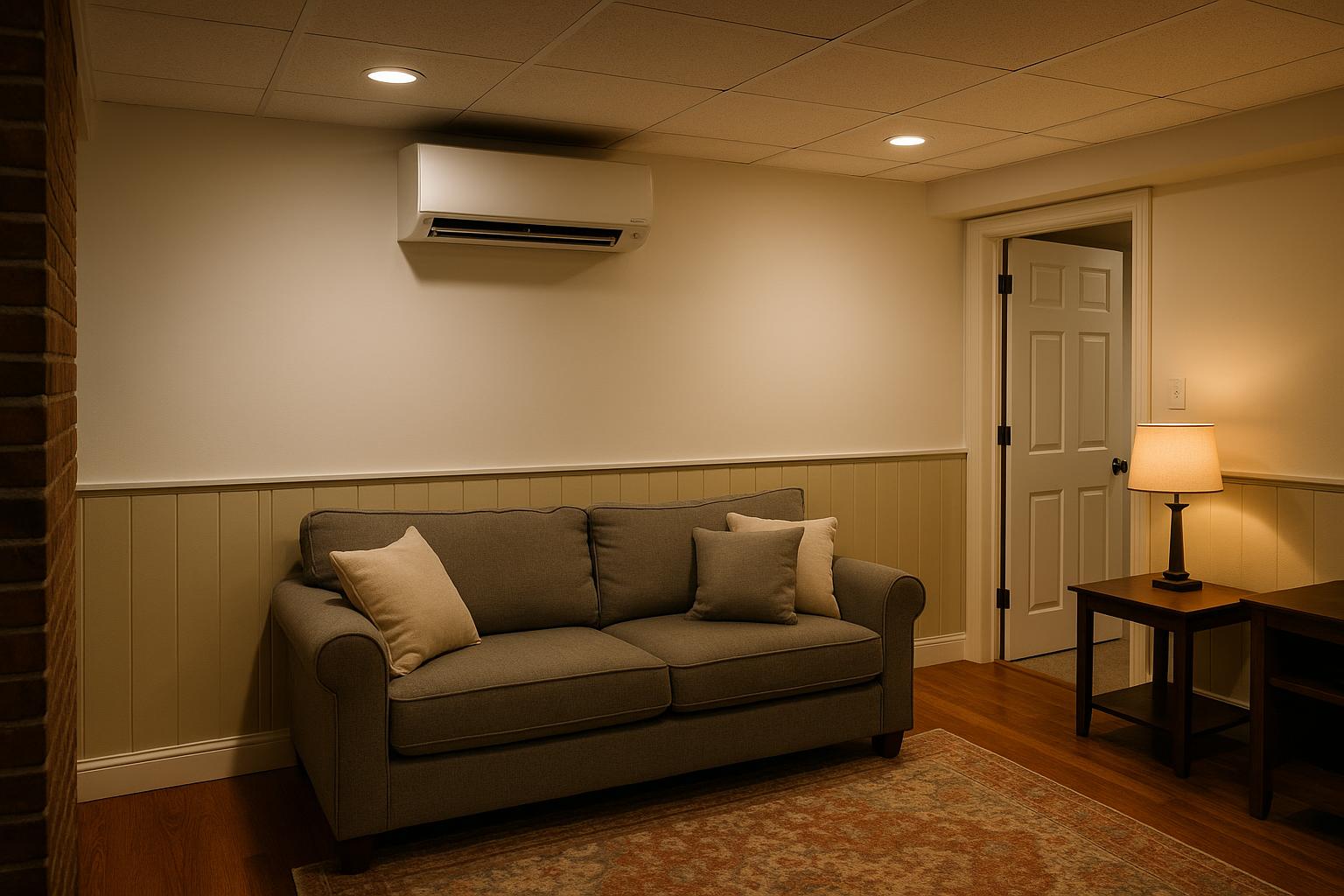Mini Split Installed in a Finished Connecticut Basement Ductless mini split indoor unit mounted in a finished basement living space in an older Connecticut home