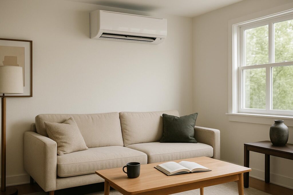 White wall-mounted ductless mini split indoor air handler installed in a Connecticut home living room