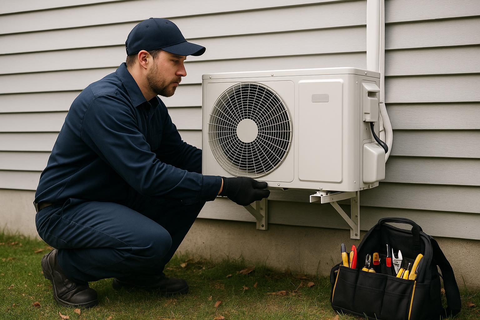 Technician Installing a Mini Split Outdoor Compressor Unit HVAC technician installing a mini split outdoor compressor unit against the exterior siding of a Connecticut home