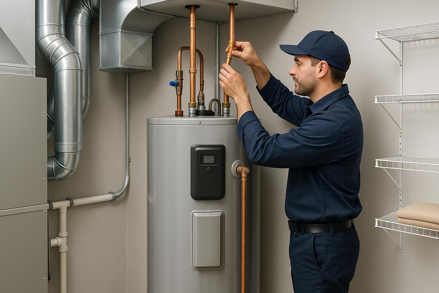 New Water Heater Installation in Connecticut Home HVAC technician in navy uniform installing a new energy-efficient water heater in a Connecticut home utility room