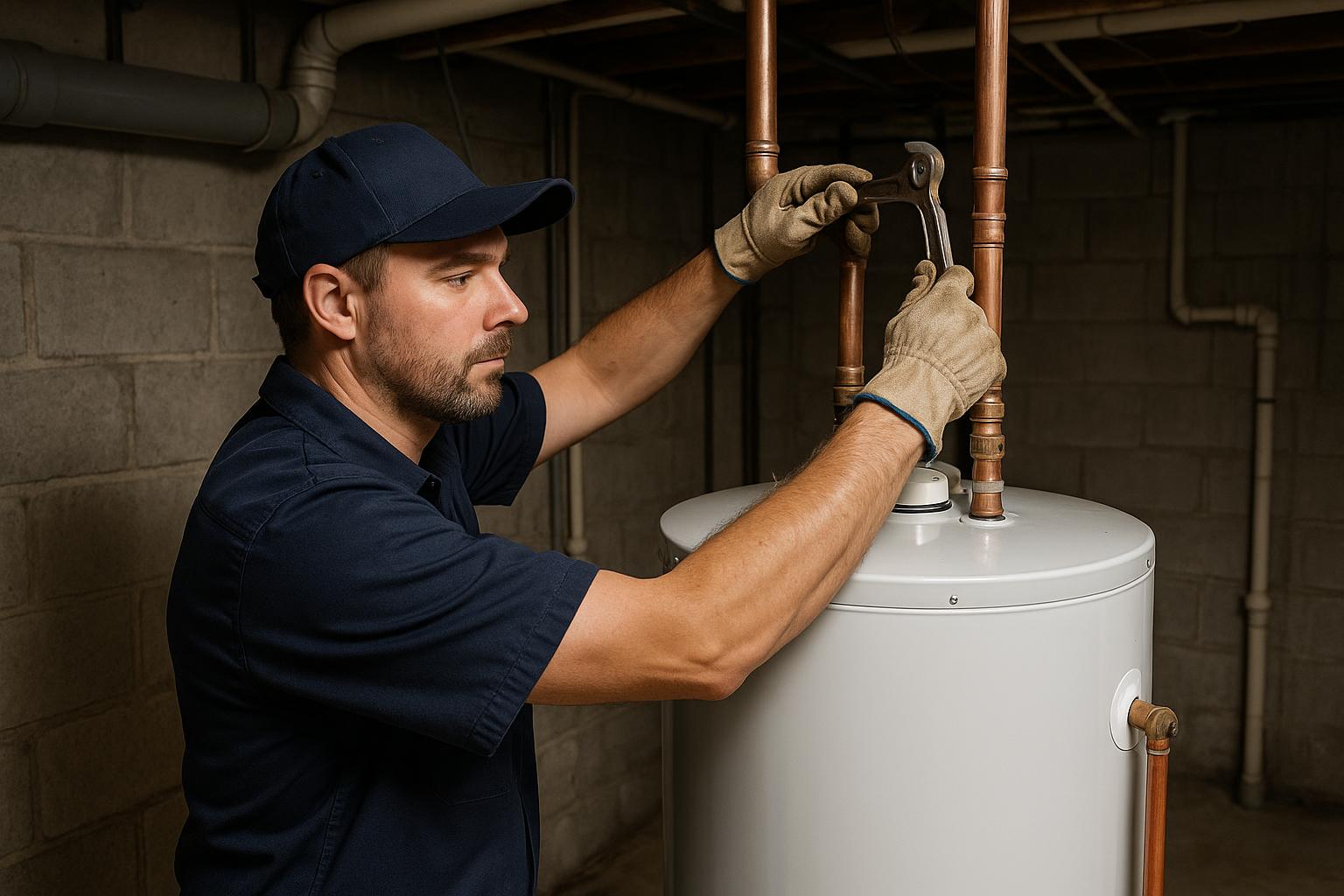 Plumber installing a new tank water heater with copper piping in a Newington CT home basement -- Express Home Services