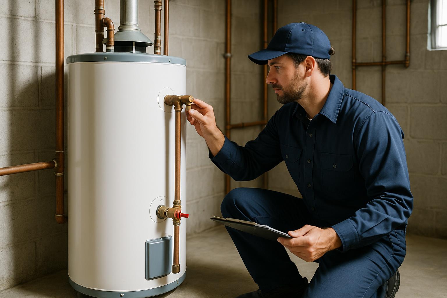 Plumber Inspecting Water Heater in Connecticut Home Licensed plumber in navy uniform inspecting a tank water heater in a Connecticut home basement