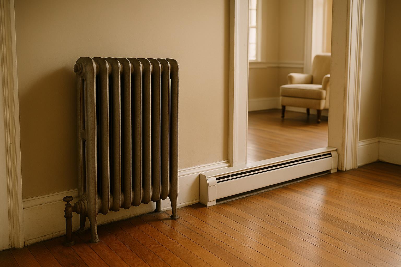 Radiator and Baseboard Heat in a Connecticut Home Cast iron radiator and baseboard heating unit along the wall of an older Connecticut home