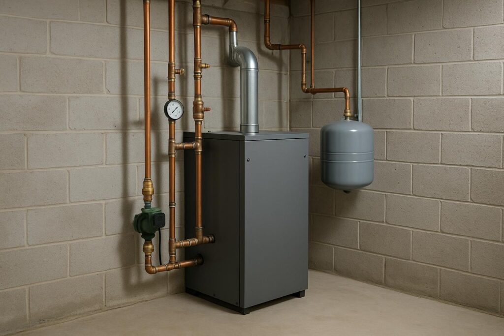 Residential gas-fired boiler system with copper piping, circulator pump, and expansion tank in a Connecticut home basement