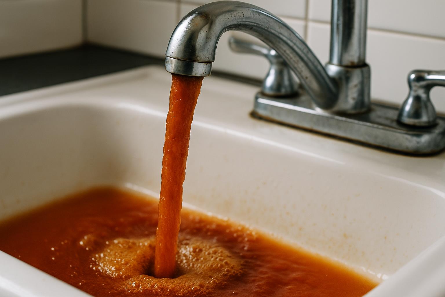 Rusty Discolored Water From Faucet -- Water Heater Failure Sign Rusty orange discolored water pouring from a kitchen faucet indicating water heater tank corrosion