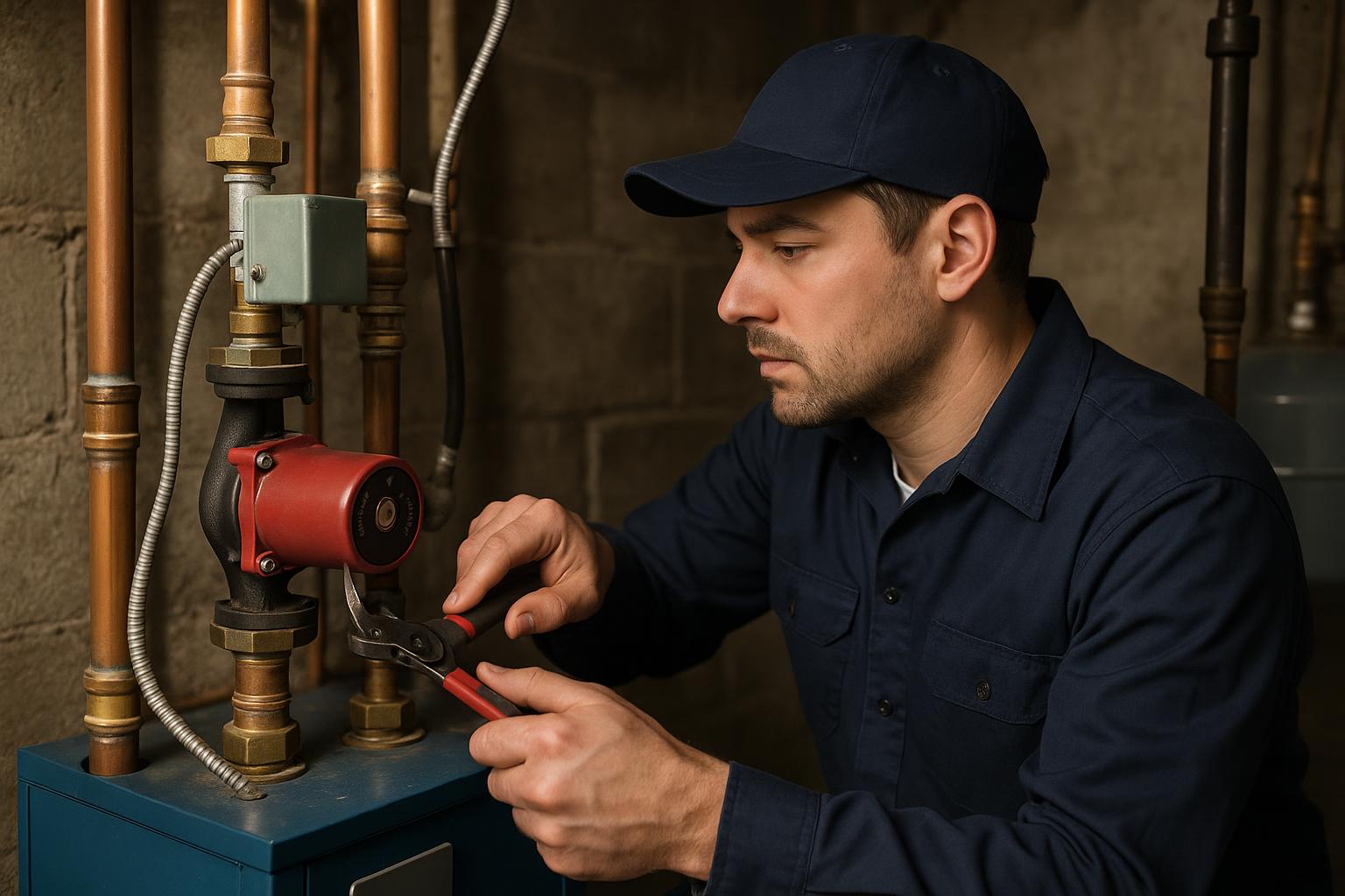 Technician Servicing a Boiler Circulator Pump HVAC technician inspecting and servicing a circulator pump and zone valve on a residential boiler in a Connecticut home