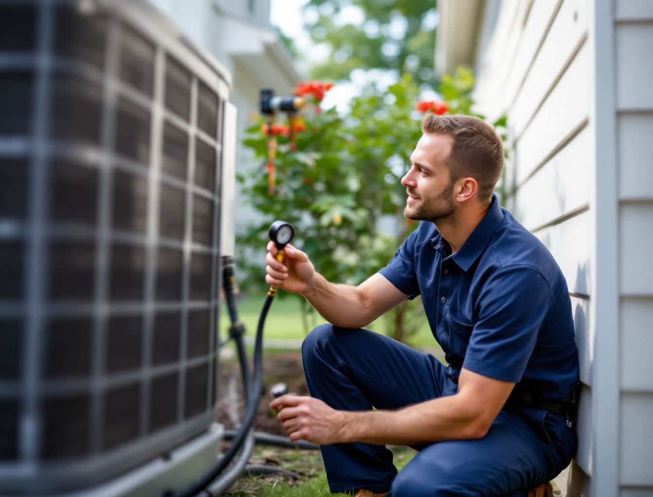 Express Home Services technician servicing a residential AC condenser, Connecticut