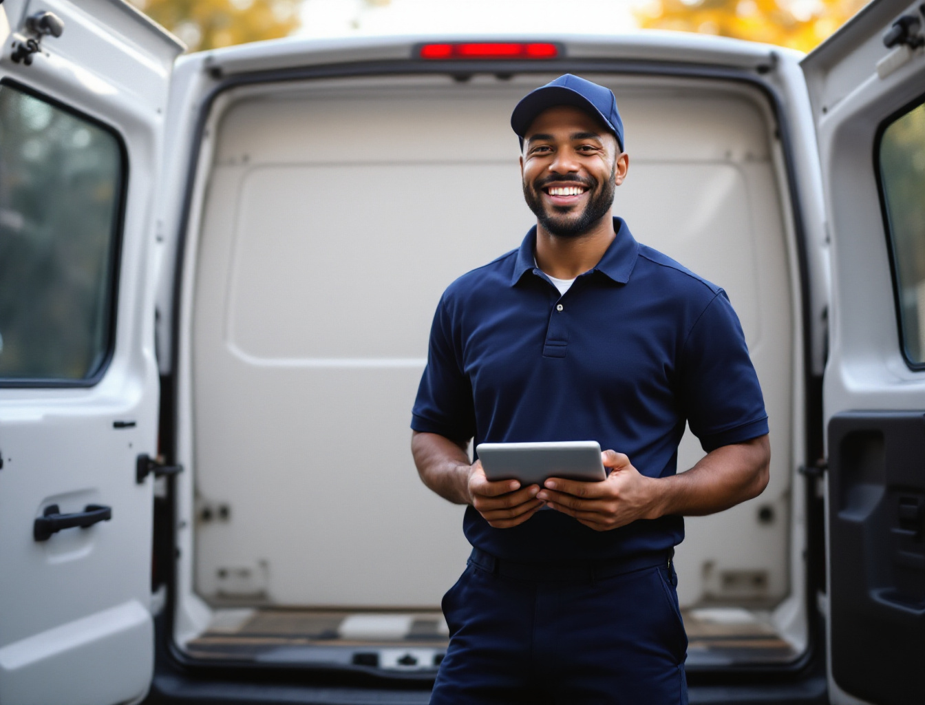 Express Home Services technician with tablet ready to schedule AC service, Connecticut