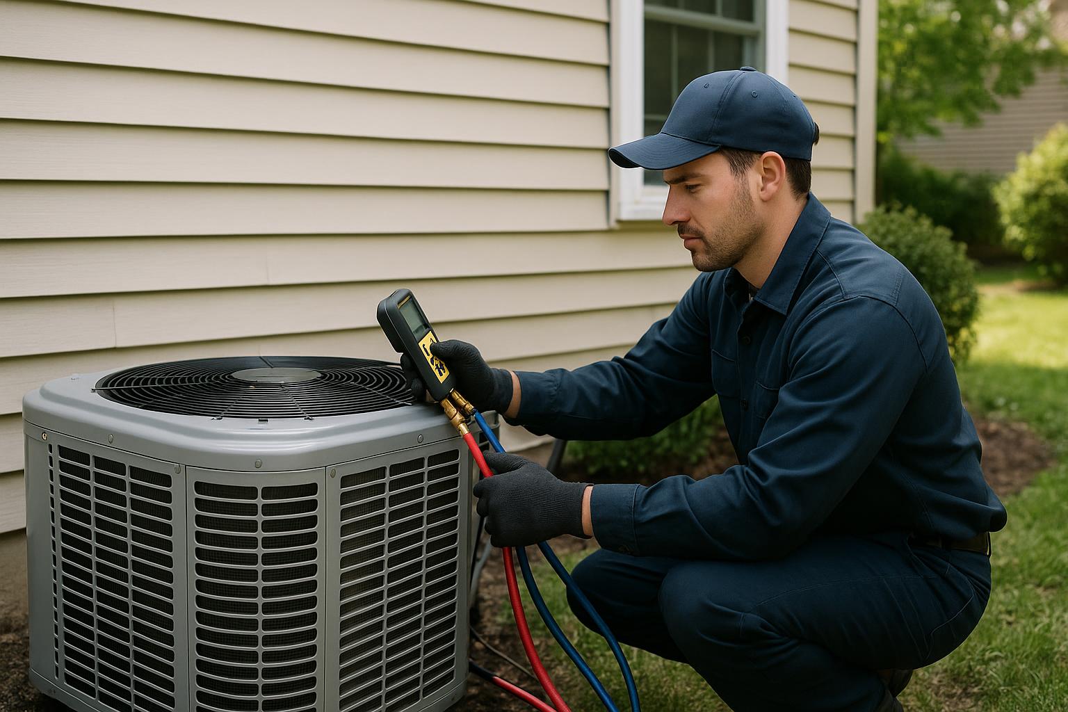HVAC technician repairing an outdoor AC condenser unit in Hamden, CT -- Express Home Services