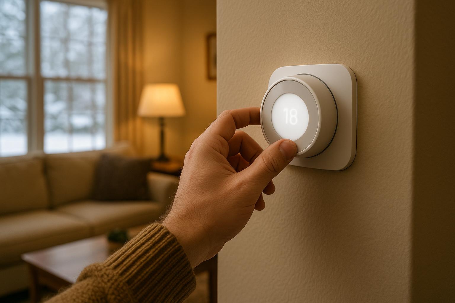 Homeowner adjusting a wall thermostat for heating service in Hamden, CT -- Express Home Services